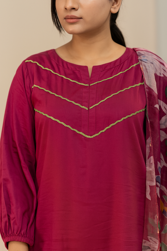 Maroon 3PC Lawn Suit with Printed Chiffon Dupatta – SJ by Amina