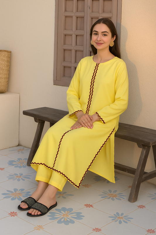 Lemon Yellow 2PC Suit with Handcrafted Detail – SJ by Amina
