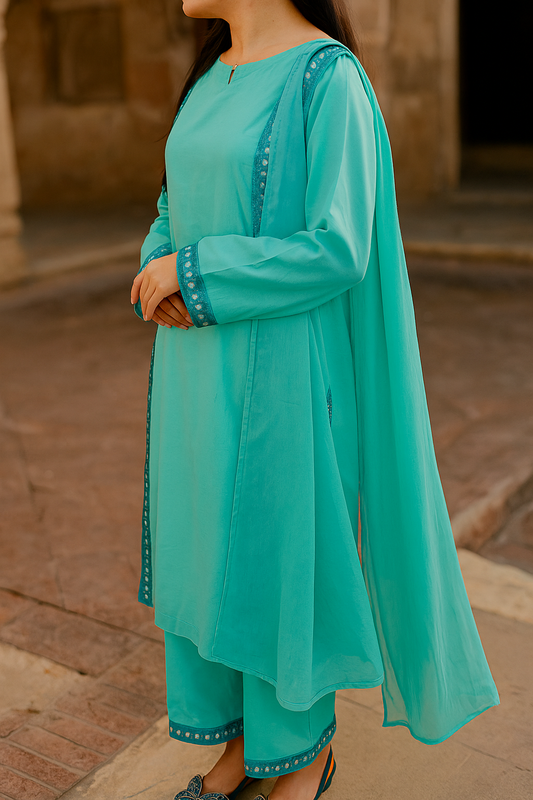 Aqua Blue 2PC Suit with Mirror-Style Border – SJ by Amina
