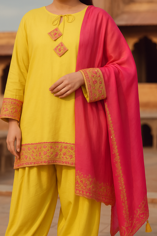 Yellow 3PC Suit with Pink Embroidered Trim & Dupatta – SJ by Amina