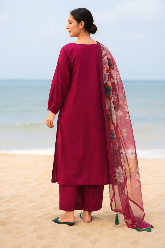 Maroon 3PC Lawn Suit with Printed Chiffon Dupatta – SJ by Amina