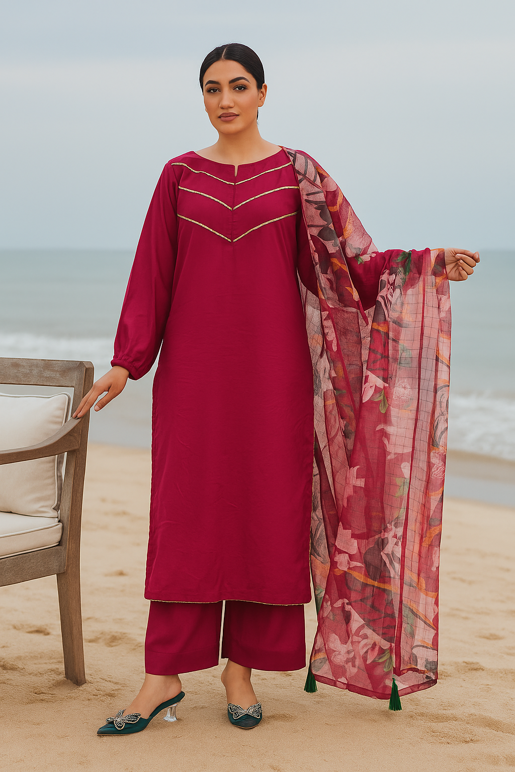 Maroon 3PC Lawn Suit with Printed Chiffon Dupatta – SJ by Amina