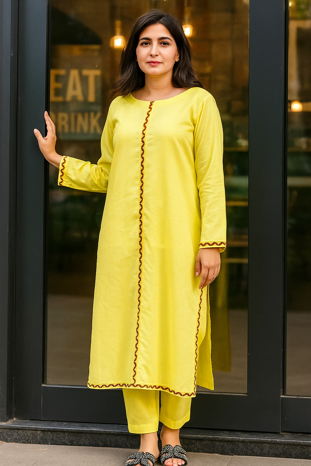 Lemon Yellow 2PC Suit with Handcrafted Detail – SJ by Amina