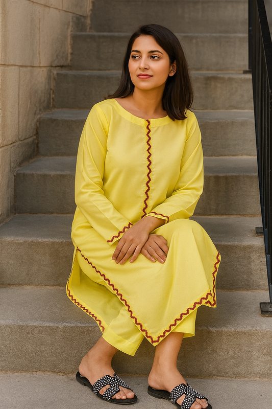 Lemon Yellow 2PC Suit with Handcrafted Detail – SJ by Amina