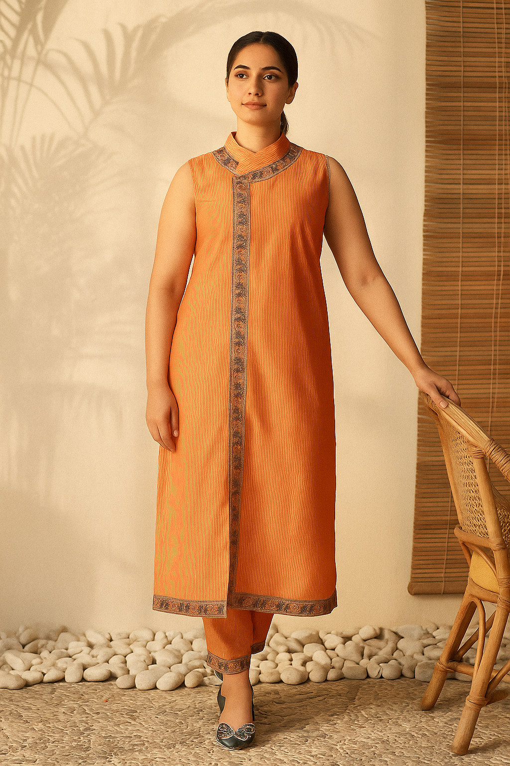 Sleeveless Orange 2PC Suit with Signature Border – SJ by Amina