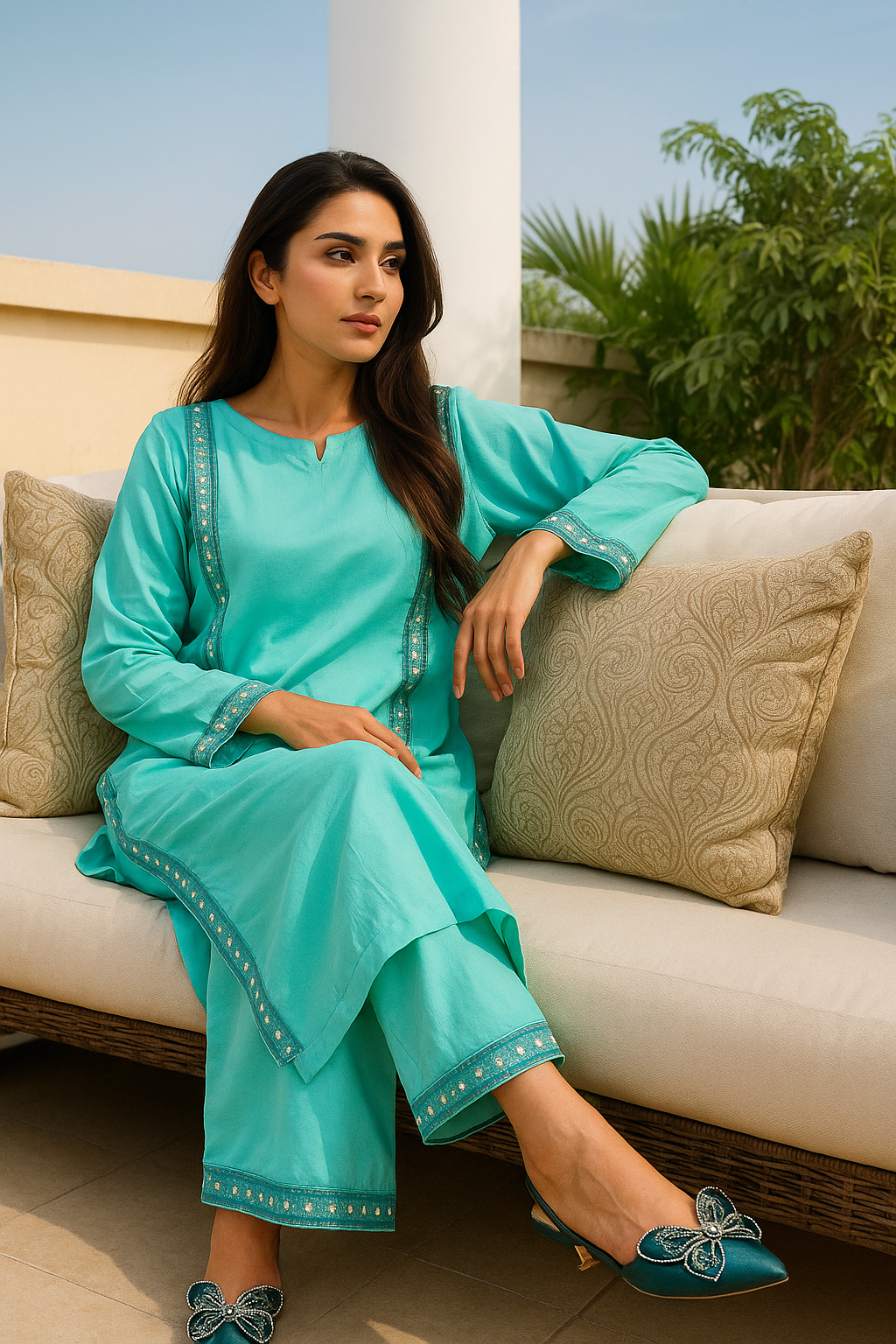Aqua Blue 2PC Suit with Mirror-Style Border – SJ by Amina