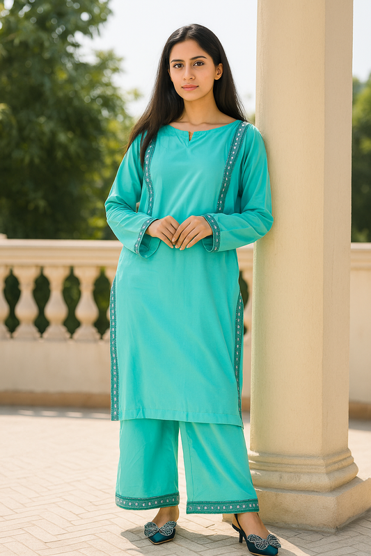 Aqua Blue 2PC Suit with Mirror-Style Border – SJ by Amina