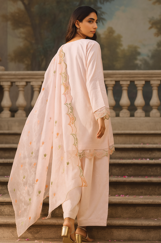 Pastel Pink 3PC Suit with Scalloped Embroidered Dupatta – SJ by Amina