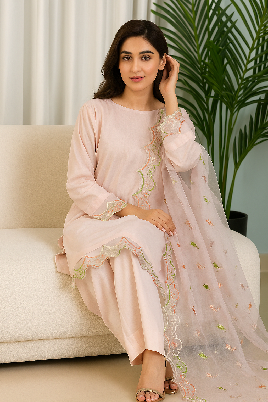 Pastel Pink 3PC Suit with Scalloped Embroidered Dupatta – SJ by Amina