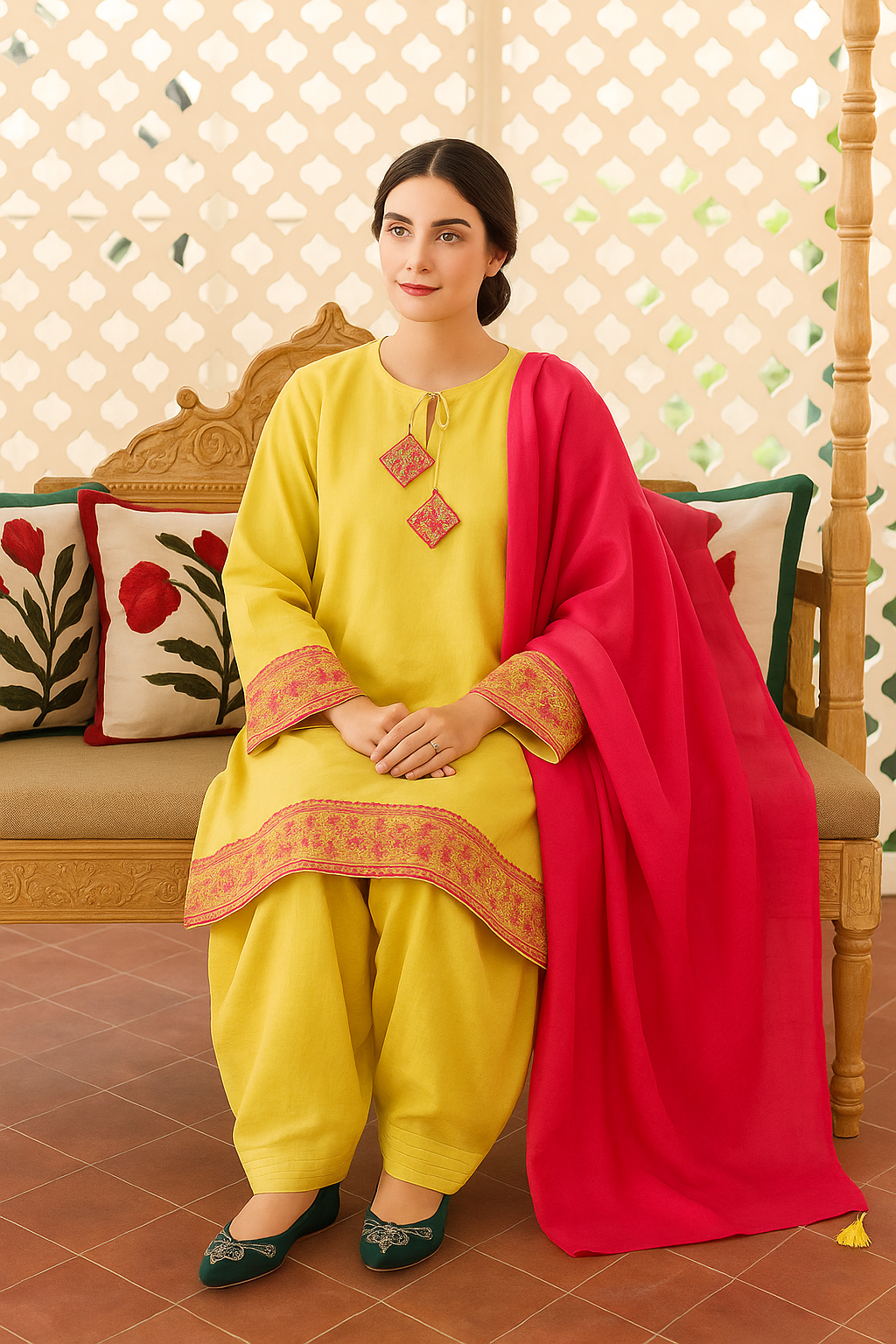 Yellow 3PC Suit with Pink Embroidered Trim & Dupatta – SJ by Amina