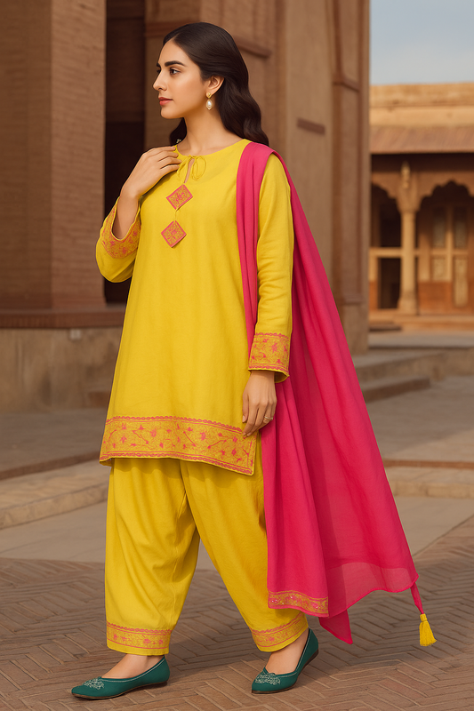 Yellow 3PC Suit with Pink Embroidered Trim & Dupatta – SJ by Amina